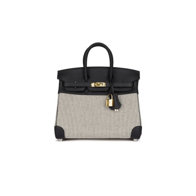 HERMÈS MASTER QUADRILLE BIRKIN 25 BLACK SWIFT AND ECRU TOILE PALLADIUM HARDWARE (25*20*13cm)